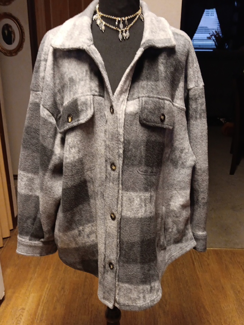 BiBi Gray Plaid Button-Front Utility Shacket